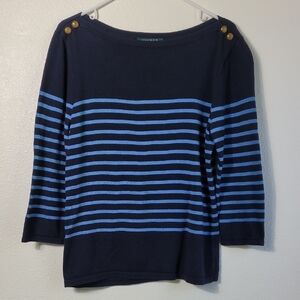 Ralph Lauren Stripe Boat Neck Sweater Size L Blue Nautical Gold Buttons Cotton
